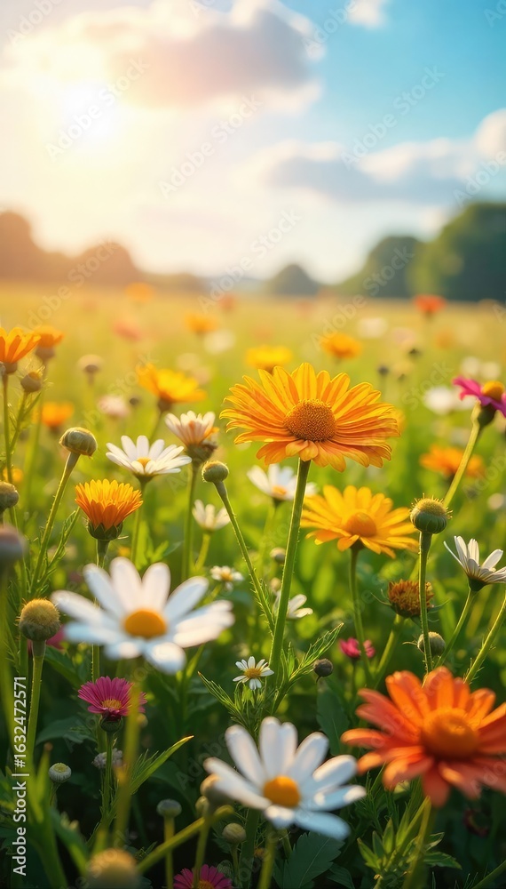 Obraz premium A sun-drenched field of wildflowers swaying gently in the breeze, embodying serenity and joy Perfect for concepts of peace, contentment, and well-being , colorful, relaxation, flora