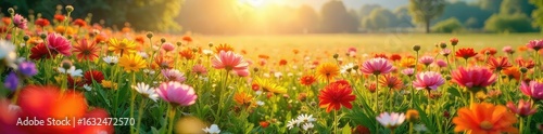 A vibrant, sun-drenched field bursting with colorfully planted flowers, creating a stunning natural tapestry  Perfect for spring, summer, or floral themes ,  colorful flowers,  beauty,  red