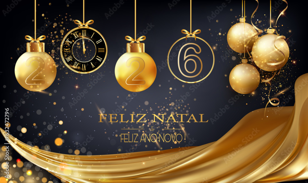 cartão ou faixa para celebrar um Feliz Natal e um Feliz Ano Novo 2026 em dourado sobre fundo preto com cortinas, bolas de Natal, purpurinas, círculos bokeh e um relógio dourado