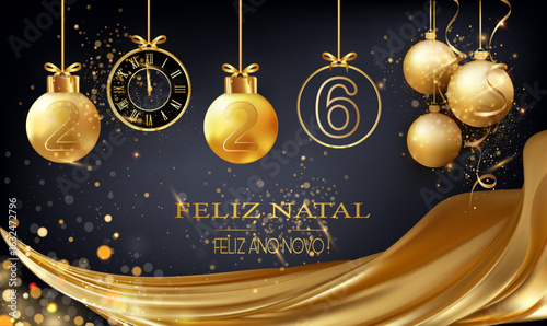 cartão ou faixa para celebrar um Feliz Natal e um Feliz Ano Novo 2026 em dourado sobre fundo preto com cortinas, bolas de Natal, purpurinas, círculos bokeh e um relógio dourado