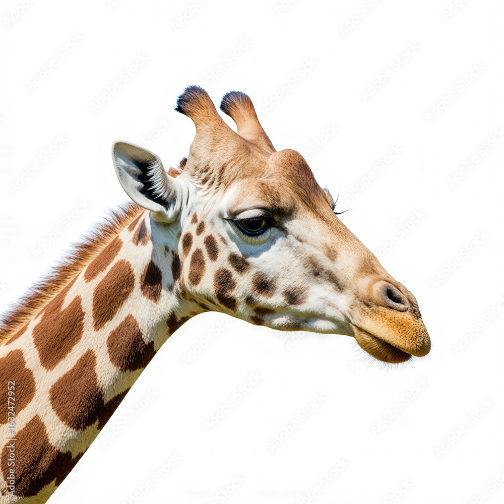 Naklejka premium Gentle Giraffe Portrait: A detailed, realistic portrait of a giraffe, with its distinctive patterned coat, showcases the animal's elegance and charm. The giraffe gazes with gentle eyes.
