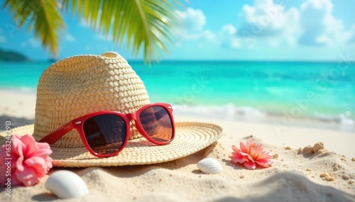 A vibrant summer scene featuring sunglasses, a straw hat, seashells, and flip-flops on a sun-drenched beach, evoking the carefree spirit of summer vacation , yellow, sun, happy
