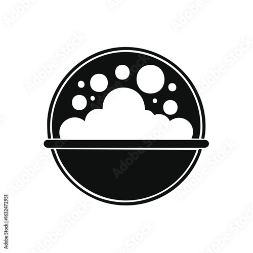 Bowl of fluffy white soap bubbles and foam in a simple circular icon