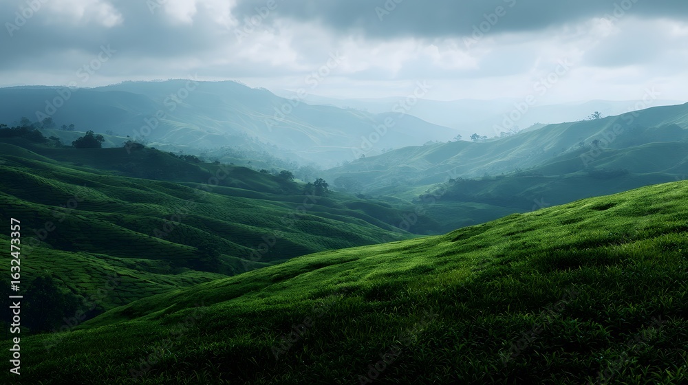 Naklejka premium Lush green tea plantation on rolling hills