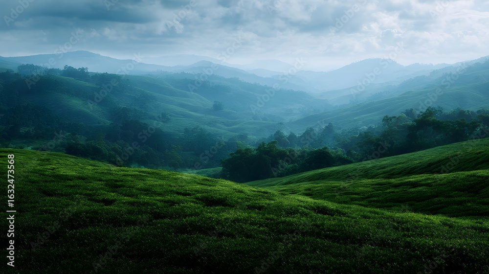 Fototapeta premium Lush rolling tea plantation in the misty hills