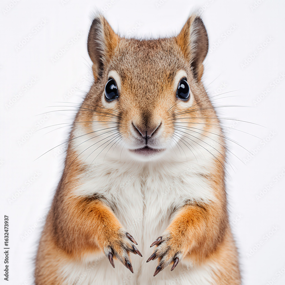 Obraz premium Squirrel's Gentle Gaze: A detailed, head-on portrait captures a squirrel with fluffy fur and beady eyes, inviting the viewer to appreciate the animal's unique charm.