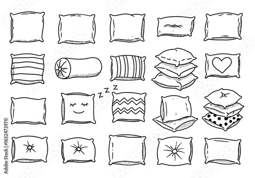 Collection of handdrawn pillows isolated on white background, perfect for adding a cozy and comfortable touch to your interior design projects and illustrations