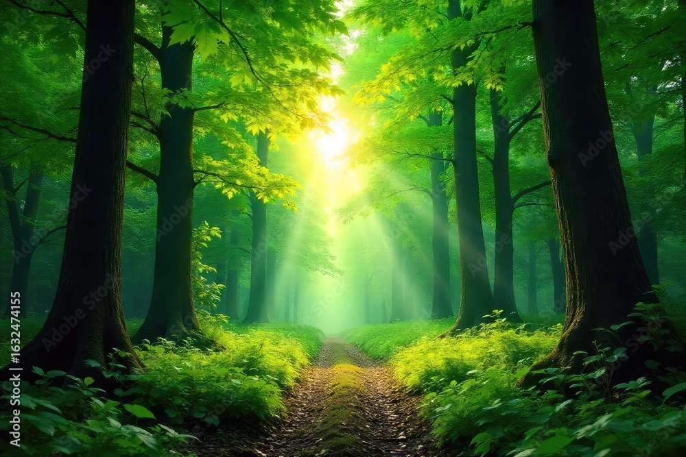 Fototapeta premium Lush green canopy of a vibrant forest, sunlight dappling through leaves, creating a serene and peaceful atmosphere Perfect for nature, environment, and ecology themes , natural, woods, wild