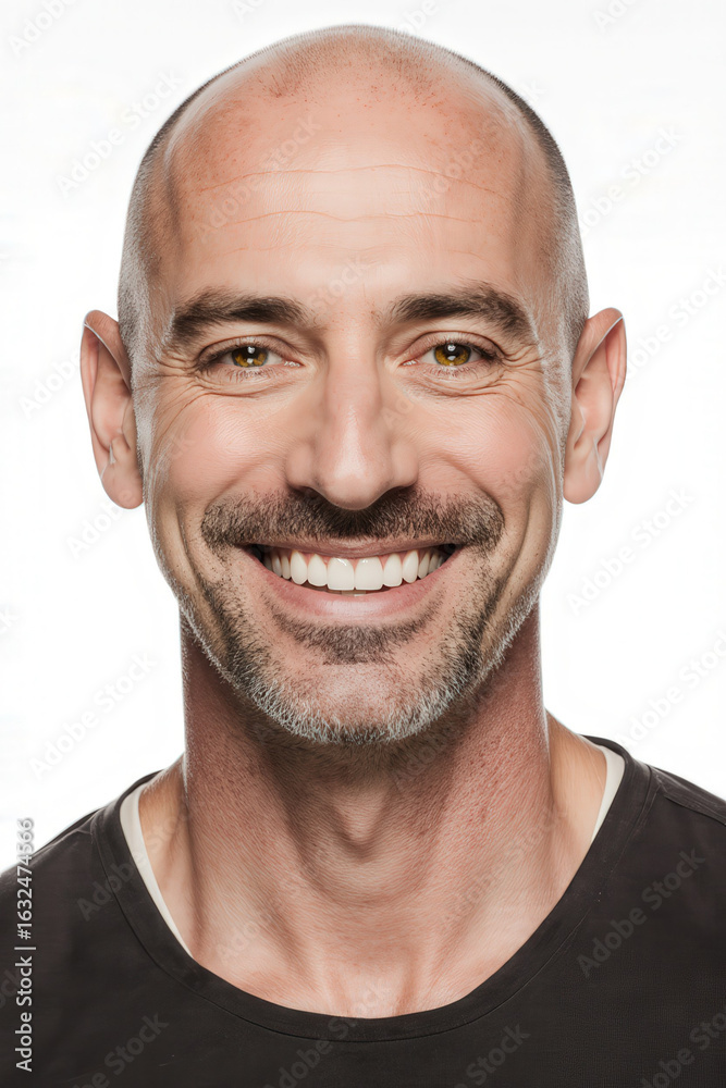 Obraz premium Beaming Confidence: A captivating close-up captures a bald-headed man with a confident expression, radiating positivity with a genuine smile and an engaging gaze.