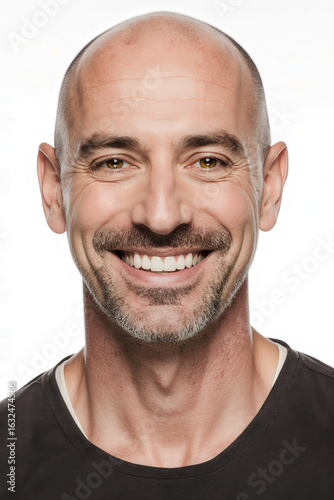 Beaming Confidence: A captivating close-up captures a bald-headed man with a confident expression, radiating positivity with a genuine smile and an engaging gaze.