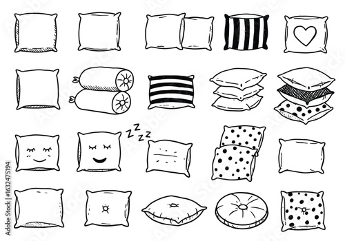 Collection of handdrawn pillows isolated on white background, perfect for adding a cozy and comfortable touch to your interior design projects and illustrations