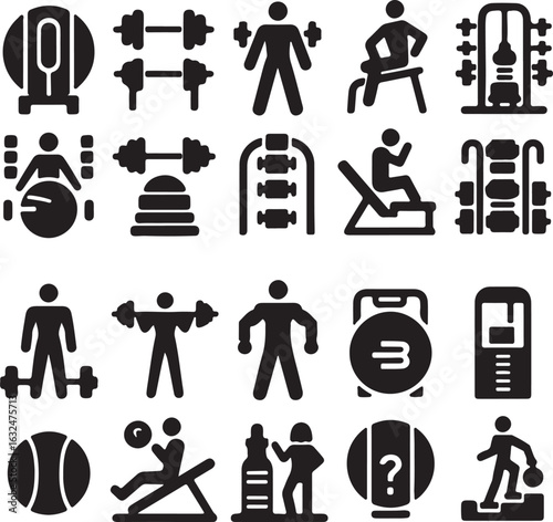 Collection of fitness and health icons for sports and wellness isolated on white background