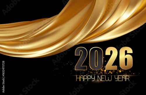 card or banner to wish a happy new year 2026 in gold with a drape of gold-colored fabric on a black background with some gold glitter