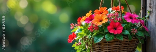 Vibrant petunias and trailing ivy overflow from a rustic, woven hanging basket, creating a lush display of summer color perfect for garden decor or patio ambiance , botany, summer