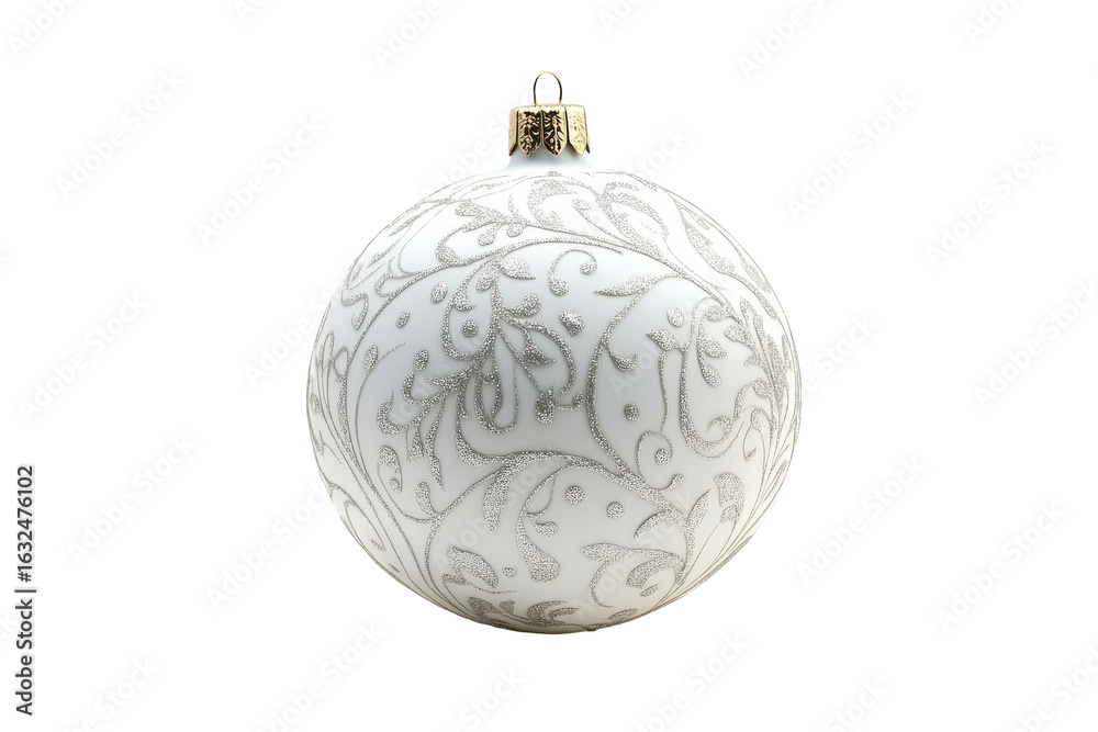 Fototapeta premium Elegant white christmas ornament with swirl pattern isolated on transparent background. White christmas ball isolated on white background.