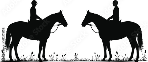 Horse riders silhouette facing each other, equestrian symmetry scene, grassy terrain, helmeted riders holding reins, horseback riding artwork, outdoor nature illustration