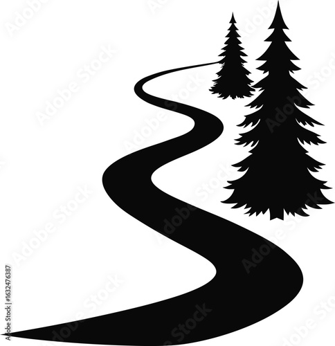 Winding forest road silhouette isolated on white background