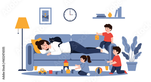 Mother exhausted sleeping on sofa while children play around her causing chaos and mess around the living room