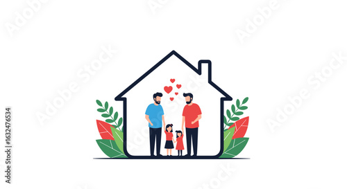Loving family home scene with two fathers two daughters and romantic hearts symbolizing unity and happiness