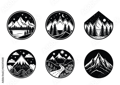 Collection of Black and White Mountain Landscape Illustrations and Outdoor Badges