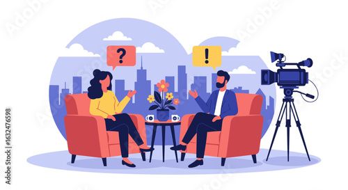 Two people sit in chairs talking to each other with a camera filming them during a conversation