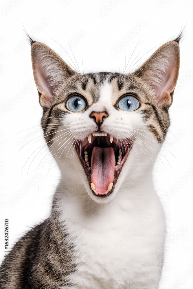 Obraz premium Feline Roar: A close-up portrait of a domestic cat exhibiting a striking display of open-mouthed vocalization, showcasing its sharp teeth and striking blue eyes in a moment of playful aggression.
