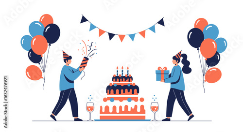 Joyful celebration with cake balloons and party poppers for special occasion