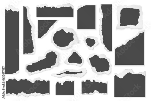 Torn black dark grey paper pieces of different shapes, blank frames with ripped rough white edges set. Realistic notes, blue and green pages, yellow scrap of cardboard collection vector illustration