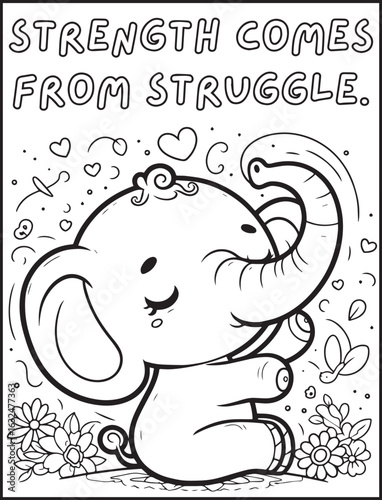 Animal-themed coloring page for kids and adults: Motivational quote to color: Cute elephant doing a yoga pose