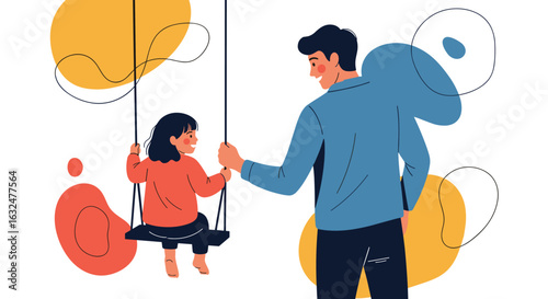 Father and daughter enjoying a playful afternoon on a swing set in a bright sunny park