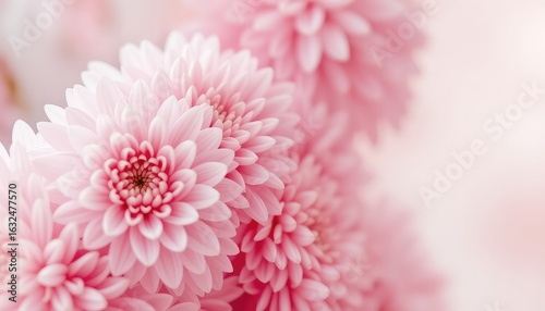 Soft focus reveals pastel pink dahlia blossoms in a close up of delicate petals and light colors on a light background