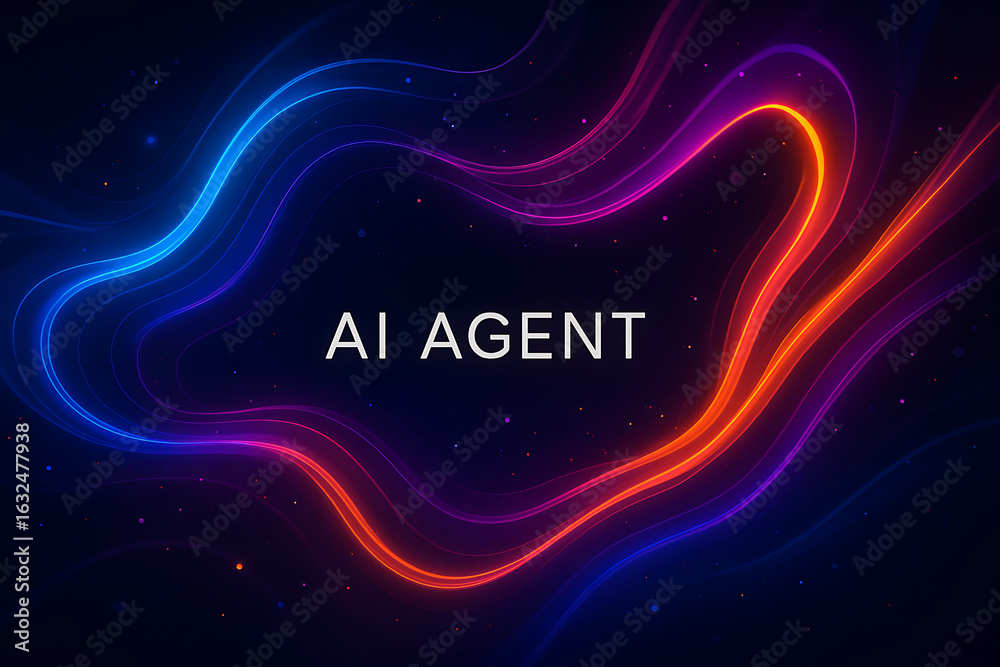 Obraz premium Futuristic AI Agent Concept with Glowing Neon Waves on Dark Digital Background