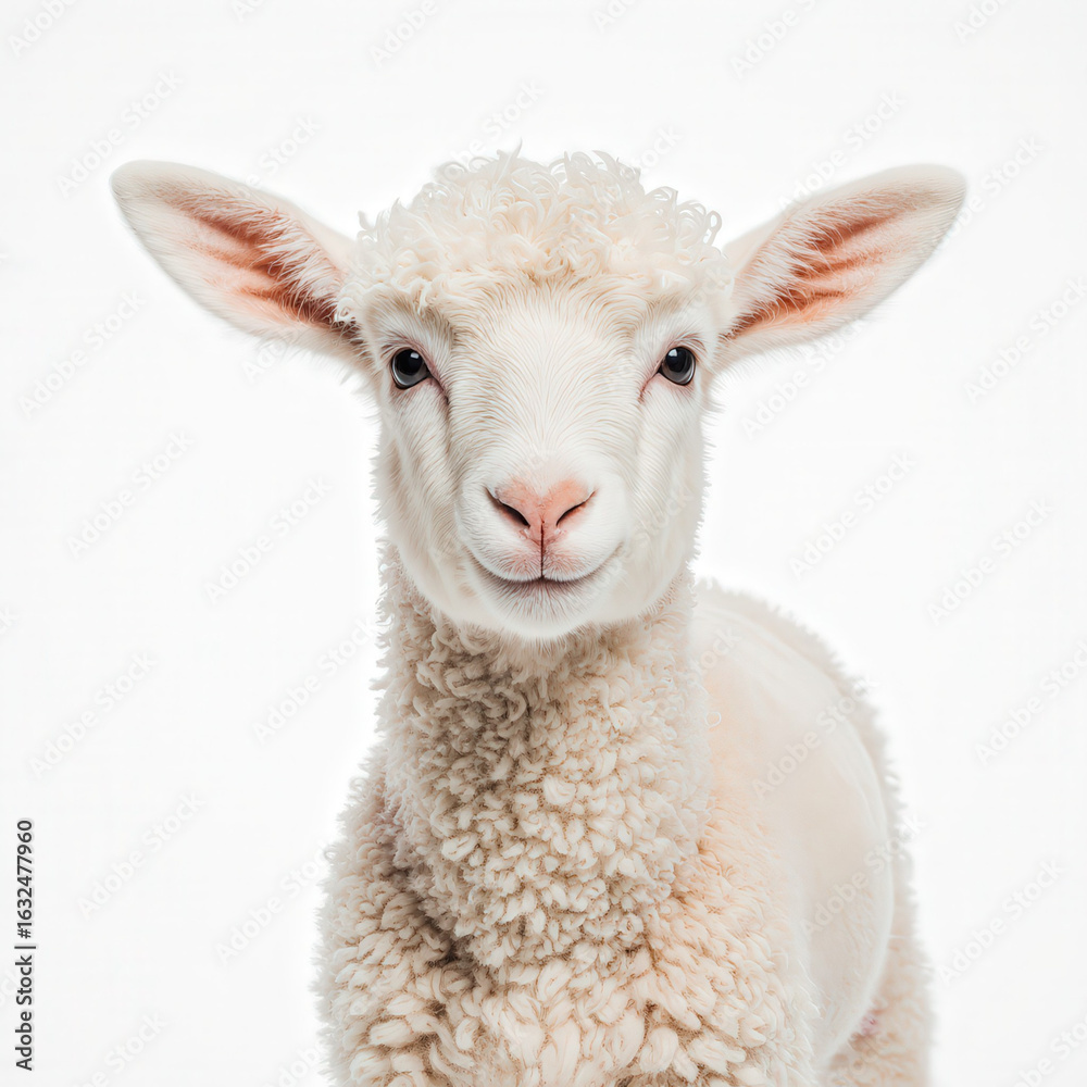 Fototapeta premium Lamb's Innocent Gaze: An intimate portrait of an adorable lamb, radiating pure innocence and serenity. The lamb's fluffy, pristine coat and gentle eyes convey a sense of calmness.