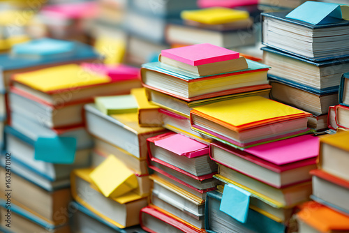 Organized stacks of colorful books with sticky notes create a visually appealing and organized scene, perfect for educational or creative projects.