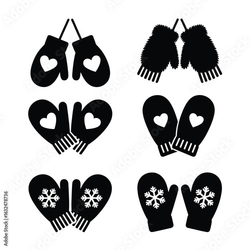 Assortment of six black winter mitten designs mittens