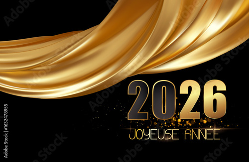 carte ou bandeau pour souhaiter une joyeuse année 2026 en or avec un drapé de tissu couleur or sur fond noir avec quelques paillettes or