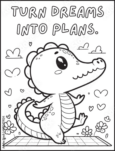 Animal-themed coloring page for kids and adults: Motivational quote to color: Cute crocodile doing a yoga pose