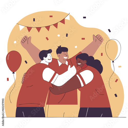 Team celebrating success with hugs and confetti, happy and excited for achieving goals together