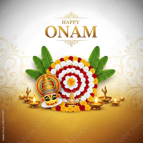 Vibrant onam celebration with traditional elements and floral decorations