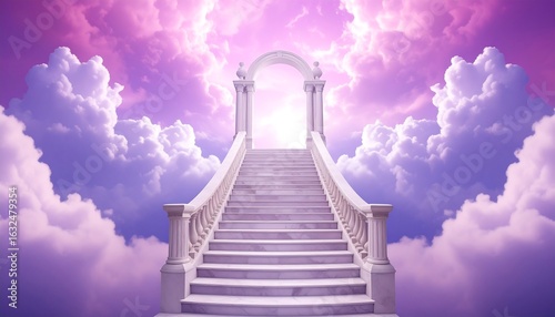 White Marble Staircase Ascending to Archway in Lavender Cloudscape