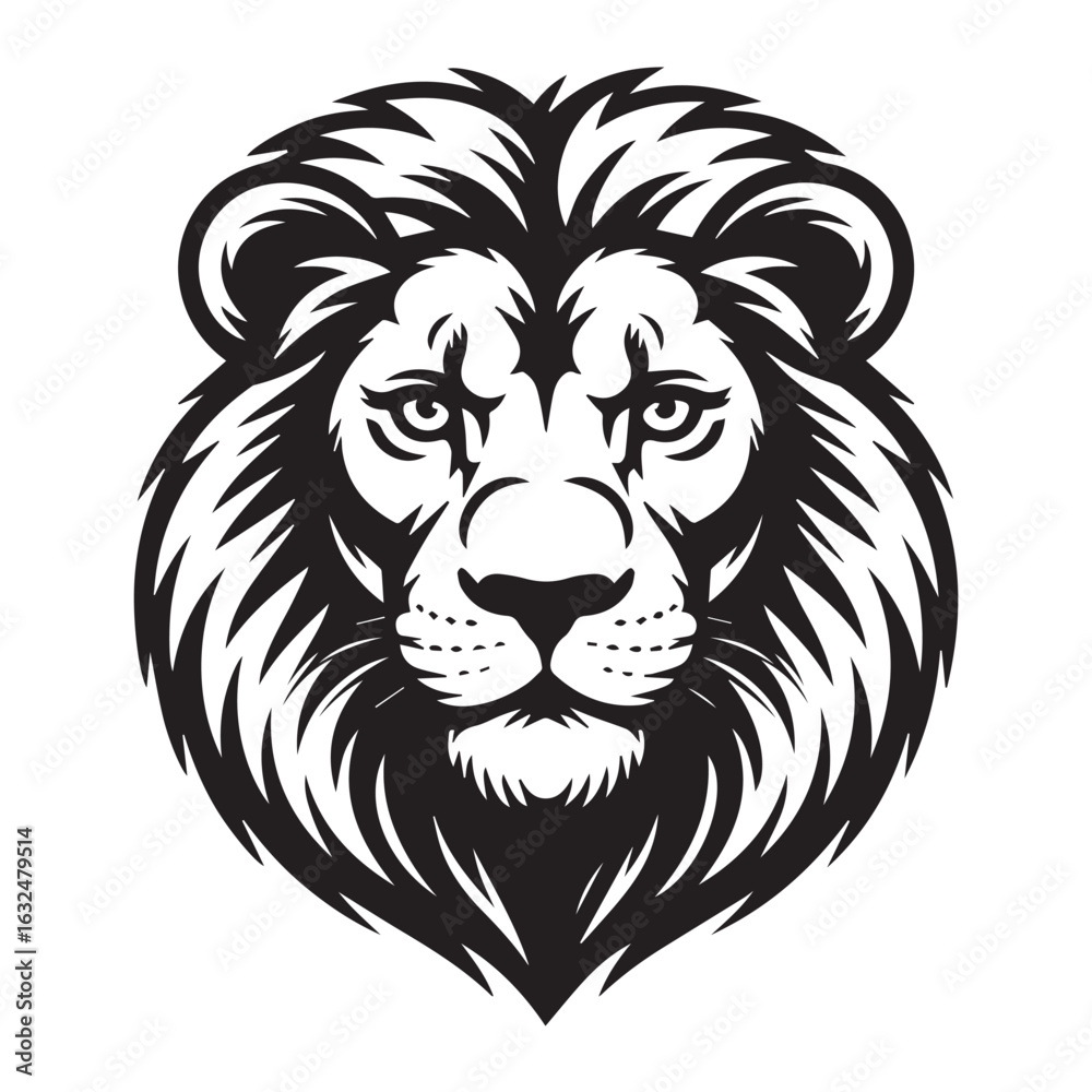 Obraz premium Vector art of a powerful black silhouette of a lions head with a majestic mane, isolated on a white background, representing strength and courage