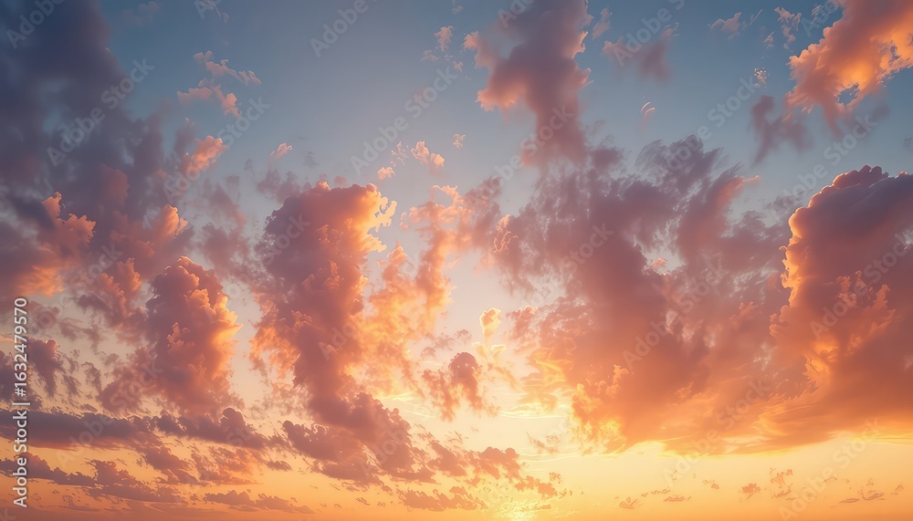 Naklejka premium Evening Sky Filled with Soft, Gentle Clouds Bathed in the Warm Glow of the Setting Sun, Displaying Beauty and Peace