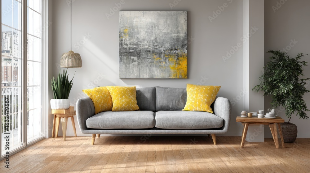 Fototapeta premium Modern living room with gray couch, yellow accents, and abstract art