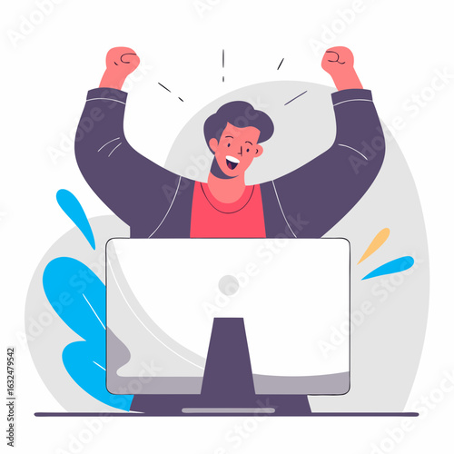 Excited man celebrates success with arms raised in front of computer screen, winning moment