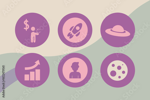 Set of high quality icons Set of Six Purple Icons on a Soft Green and Beige Gradient Background with Business and Space Themes
