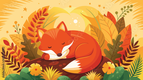 Adorable cartoon red fox curled up sleeping peacefully amidst a vibrant autumn forest scene with warm golden sunlight and colorful foliage creating a cozy and serene atmosphere
