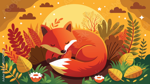 A charming illustration of a cute red fox curled up asleep in a warm autumnal forest setting surrounded by colorful foliage and soft sunlight