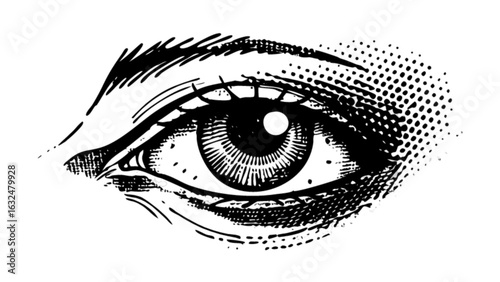 Detailed monochrome illustration of a human eye with halftone shading and visible eyelashes and eyebrow