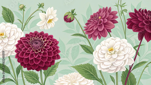 Garden dahlia watercolor pattern with burgundy and cream flowers, buds, stems, and leaves arranged naturally on pale sage background.