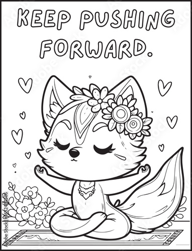 Animal-themed coloring page for kids and adults: Motivational quote to color: Cute fox doing a yoga pose